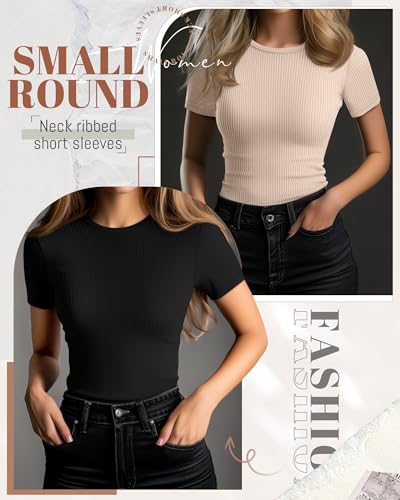 Ficerd 3 Pack Women's Ribbed T-Shirts, Cotton Short Sleeve Basic Tees Crewneck Fitted Tops Casual Shirts 2025 Summer Trendy3