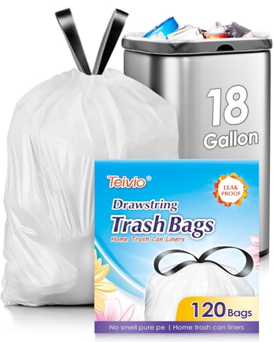18 Gallon 120 Counts Strong Drawstring Trash Bags Garbage Bags by Teivio Bathroom Trash Can Bin Liners Plastic Bags for home office kitchen White