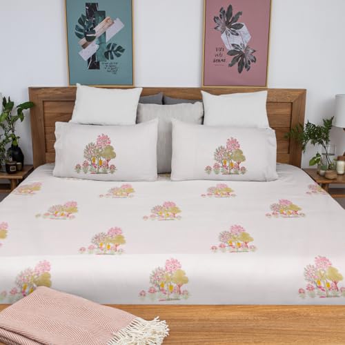 Image of Darakht Premium Hand Block Printed Bedsheet | Bed Spread Flatsheet Bed Sheet | Pure Cotton | Double Bed Queen Size 90 inchx108 inch | 300 TC Long Staple Cotton | 2 Pillow Covers | Tree Print