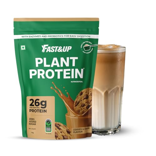 Image of Fast&Up Plant Protein - 26g Certified Protein from USA with 4.6g BCAA, 4.8g Glutamine. Smooth & Creamy Protein to Support Muscle Health & Recovery -25 servings, Cookies and Cream flavour