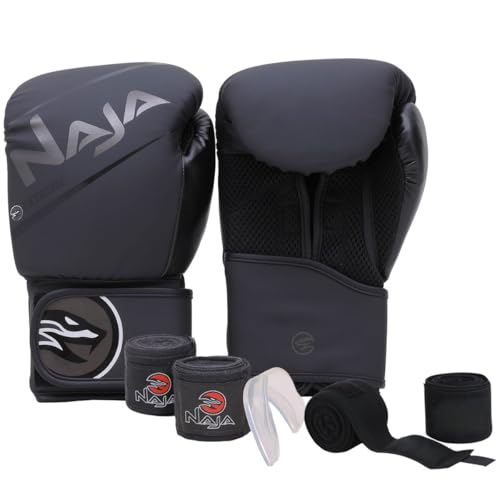 Kit Boxe/Muay Thai Naja Extreme - Par de Luvas + Bandagem 3M + Protetor Bucal (Preto/Preto, 12 OZ)