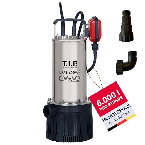 T.I.P. Drain 6000/36 Edelstahl-Tauchdruckpumpe, 950 W Klarwasser-Pumpe mit 6.000 l/h Förderleistung, 34 m Förderhöhe (3,4 bar), 10 m Kabel, 7 m Eintauchtiefe, für Zisterne, Garten, Haus & Bewässerung