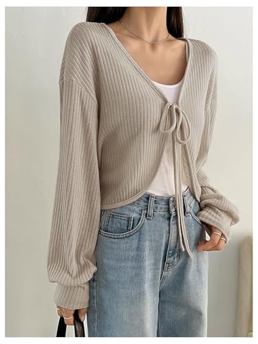 SHENHE Women's Ribbed Tie Front Oversized Cardigan Open Front V Neck Spring Fall Knit Sweater2
