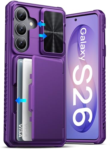 ATATOO for Samsung Galaxy S26 Case Built-in Card Holder (3-5 Cards) & Slide Camera Cover & RFID Blocking Military Grade Protection Hard Wallet Phone Cover Case for Galaxy S26 6.3 Dark Purple