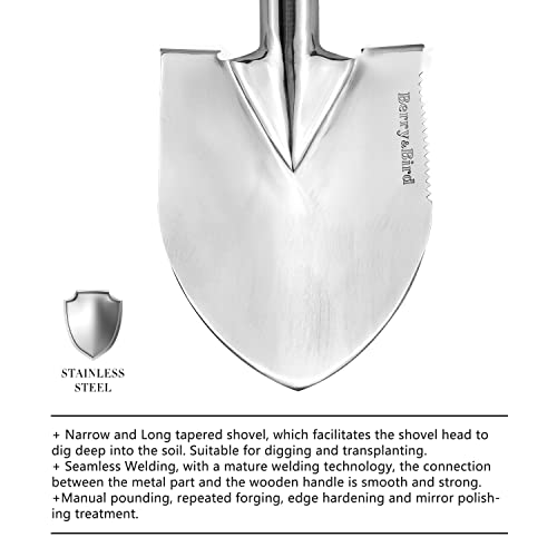 Berry&Bird Short Hand Shovel, 19.8’’ Digging Trowel For Gardening With Wood Handle Stainless Steel Round Point Spade Shovel With Serrated For Cutting, Transplanting & Weeding #TOP2