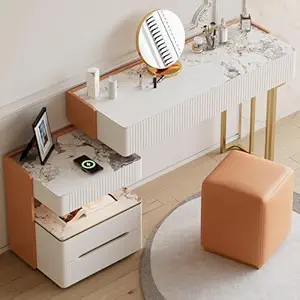 Modern Marble Vanities Dressing Table with Mirror, Sintered Stone Top, Makeup Vanity for Bedroom, Bathroom, Living Room, White
