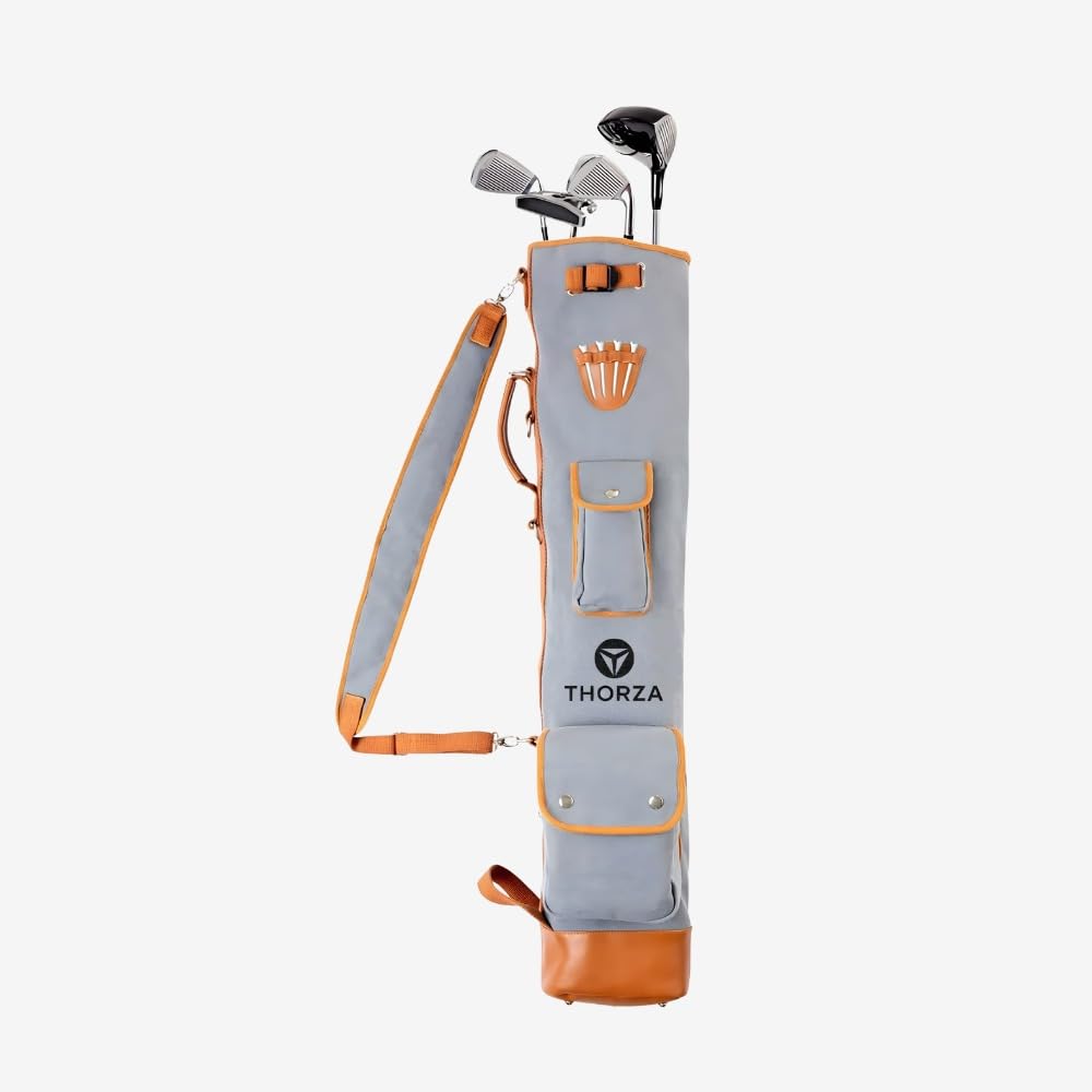 Thorza Sunday Golf Bag for Men and Women, Vintage Canvas and Leather, Stores Balls, Tees, and Clubs for 18 Holes, Zippered Pockets, Lightweight, Small Carry Bag – No Stand Stick.