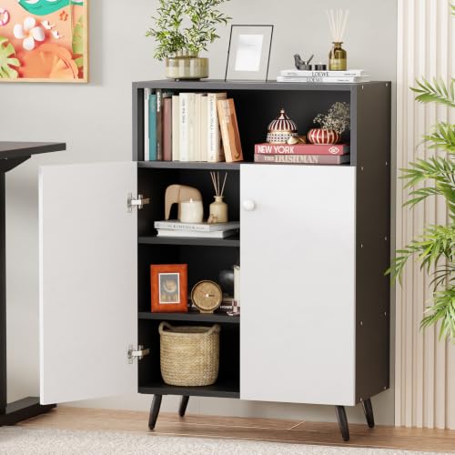 Image of Lukzer Wooden Book Shelf & Storage Cabinet with White Doors (MR-034 /Black) Engineered Wood Bookshelf for Home, Bedroom, Office & Kitchen, Multipurpose Books Organizer & Display Rack (90x30x60 cm)
