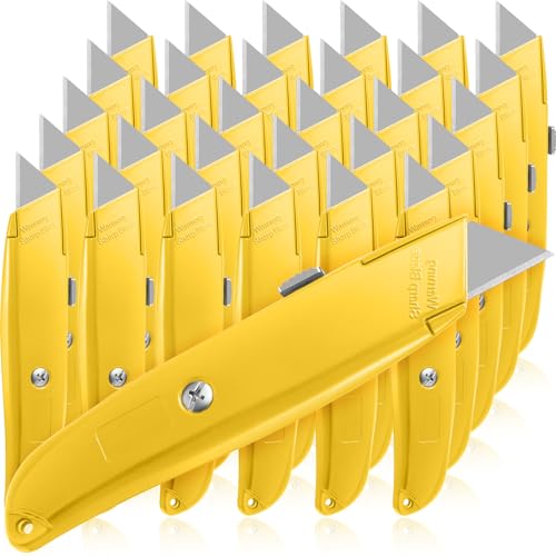 Reginary 30 Pcs Box Cutter Bulk Retractable Blade Utility Knife Heavy Duty Aluminum Alloy Razor Shell Knife for Cartons, Cardboard and Boxes, DIY, Factory, Home(Yellow)