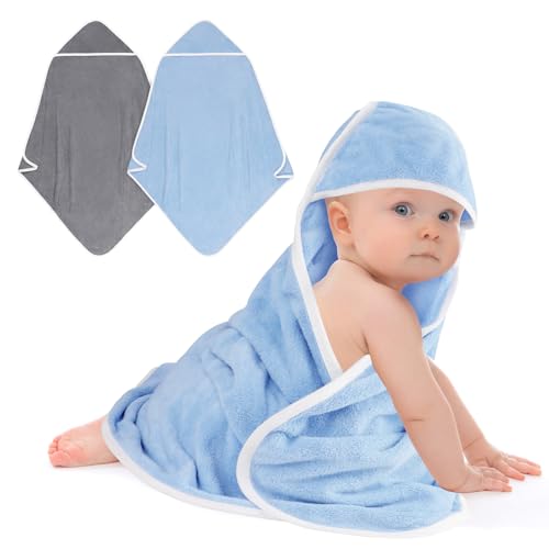 UNIMADE Hooded Towel for Newborn, 2 Pack Soft Coral Fleece Baby Towels, Ultra Absorbent Bath Cloths Bulk for Infants, Toddlers, Newborn Essential- 30 x 30 inch - Grey & Blue