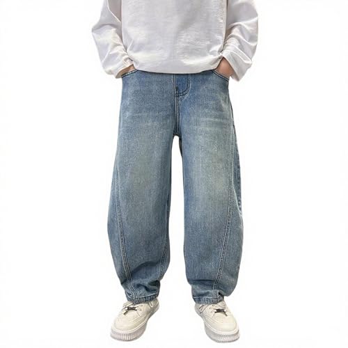 Boys Jeans Baggy Wide Leg Denim Pants Kids Elastic High Waist Button Trousers Trendy Preppy Y2k Streetwear with Pockets