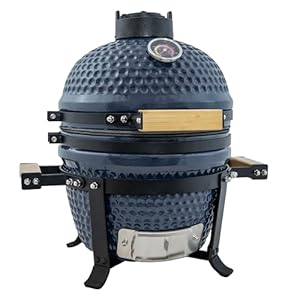 Sunnydaze 13 kamado portable charcoal grill with smoker outdoor ceramic small bbq grill with stand and cooking grate dark blue  urban country home decor