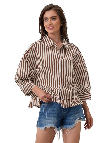Womens 3/4 Length Sleeve Striped Button Down Shirt Loose Fit Drop Shoulder Trendy Ruffle Hem Striped Blouses Top4