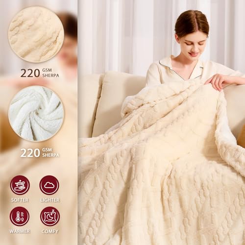 JKMAX Heated Electric Blanket Queen Size-84"x90" Heating Blanket with 10 Heating Levels & 5 Time Settings Over-Heat Protection,Winter Warmer for Adults with ETL Certification(Cream)