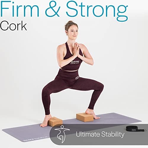 Core Balance Yoga Blocks and Strap Set Natural Anti Microbial Cork With Adjustable D Ring Cotton Belt (Pack includes 2 bricks)