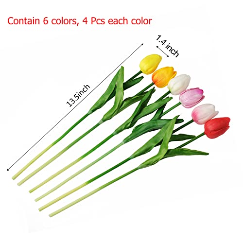 Oneyim 24 Pcs Artificial Tulips Flowers Fake Faux Pu Tulip Bouquet Real Touch Bridal Wedding Bouquet Silk Tulips Flowers Home Decor Artificial Tulips (02-Rainbow, 24Pcs) #TOP1