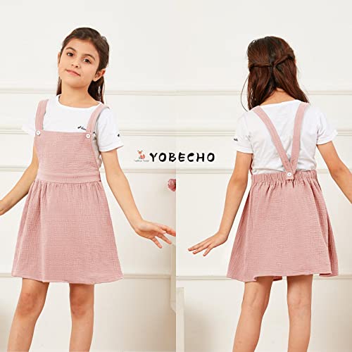 Yobecho Baby Girls Strap Suspender Overall Dress Casual Cotton Square Neck Adjustable Dresses For 5-14 Years Pink #TOP2