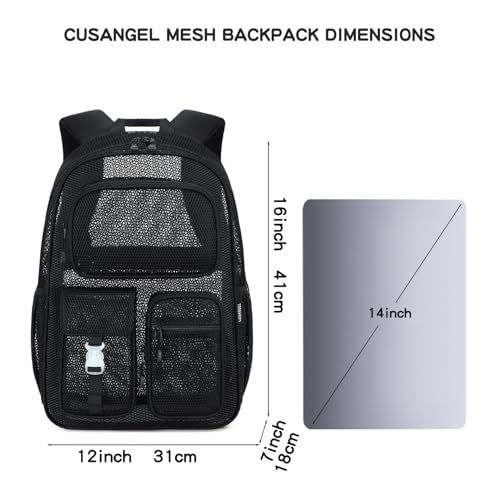 Image of Heavy Duty Mesh Backpack with Rain Cover For Stadium Event,16in Net Bookbag | Black See Through Net Backpack Semi-Transparent Large Lightweight Breathable for School Work Swimming Beach Fitness Sport