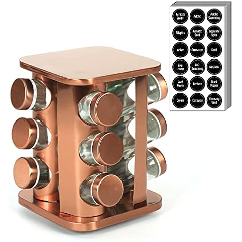 VolksRose Revolving Spice Rack Organizer with 12 Spice Jars and Labels, Rotating Tower Organizer Stainless Steel, Spinning Seasoning Organizer for Cabinet Countertop Kitchen Storage, Square Bottom #52 Cover