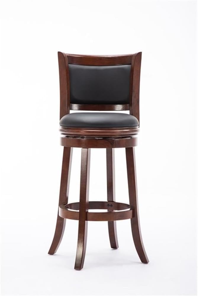 BOWERY HILL 30" Swivel Bar Stool, Solid Wood with Faux Leather Upholstery, Cherry Finish, 360-Degree Ball Bearing Swivel Plate, Footrest, Contoured Back, Contemporary Style for Kitchen or Dining Room