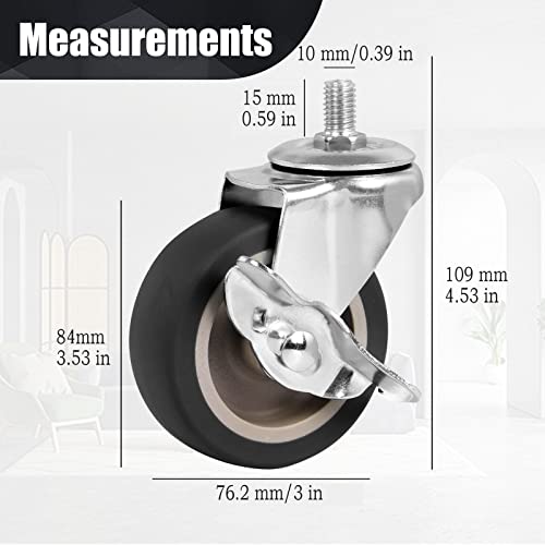 Roues à roulettes, 3Inch M10 Roulette avec frein, taille métrique M10-15 (Diamètre de la vis 10mm, Longueur de la vis 15mm) Roulettes pour Workbench Trolley, Meubles Dolly, Shopping Trolleys (Pack of 4)