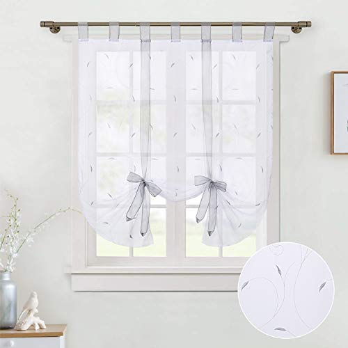 Lintimes Cortinas Transparentes Bordadas con Hojas, Cortina de Gasa Superior para Ventana, Cortina para Cocina, Sala de Estar, Dormitorio, 80*140cm, Gris