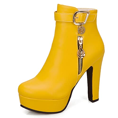 VOKLIN Women's Fashion Buckle Platform Block High Heel Ankle Boots Round Toe Side Zipper Dress Short Booties