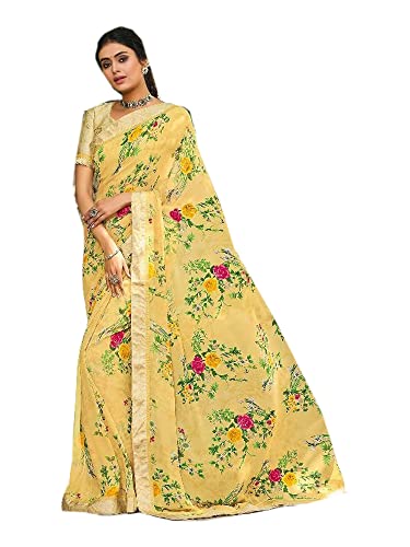 Sari indien Georgette léger pour éviter la chaleur vêtement jaune imprimé avec bordure satin