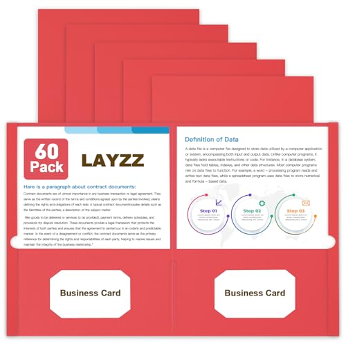 Folders with Pockets, LAYZZ 60 Pack Paper Pocket Folders, 2 Pocket File folders Fits Letter Size Paper, for School Office and Home (Red)