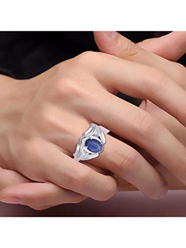 Rylos Mens Rings Sterling Silver Rings Classic Designer Style 9X7Mm Gemstone & Diamond Ring Blue Star Sapphire September Birthstone Rings For Men, Men's Rings, Silver Rings, Sizes 8,9,10,11,12,13 #TOP3
