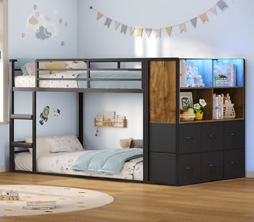BTHFST Bunk Bed Twin Over Twin with 6 Large Fabric Drawers & 4 Wooden Storage Bookshelf Organizer, Metal Low Bunk Bed for Kids with LED Lights & Safety Ladder and Guardrail, Space Saving