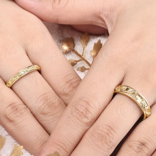 Leaf Design Couple Rings Set, 2-Piece His & Hers Wedding Bands in Solid Yellow Gold, Natural Leaf Engagement Ring Set for Women and Men, Matching Bridal Jewelry Gift3