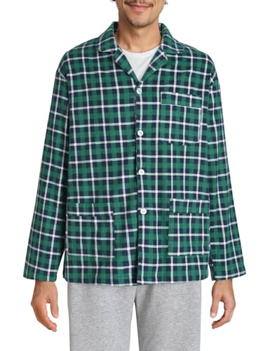 Esenchel Men's Cotton Flannel Sleep Shirt Button Down Pajama Top XL Green Navy