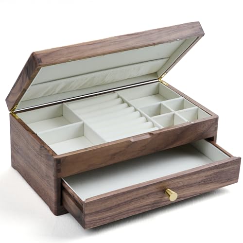 Beexchange Black Walnut Wooden Jewelry Box - Allwood, Handcrafted, Classic Jewelry Box. Jewelry boxes & organizers for Women, Men, and Girls (Double-Layer)