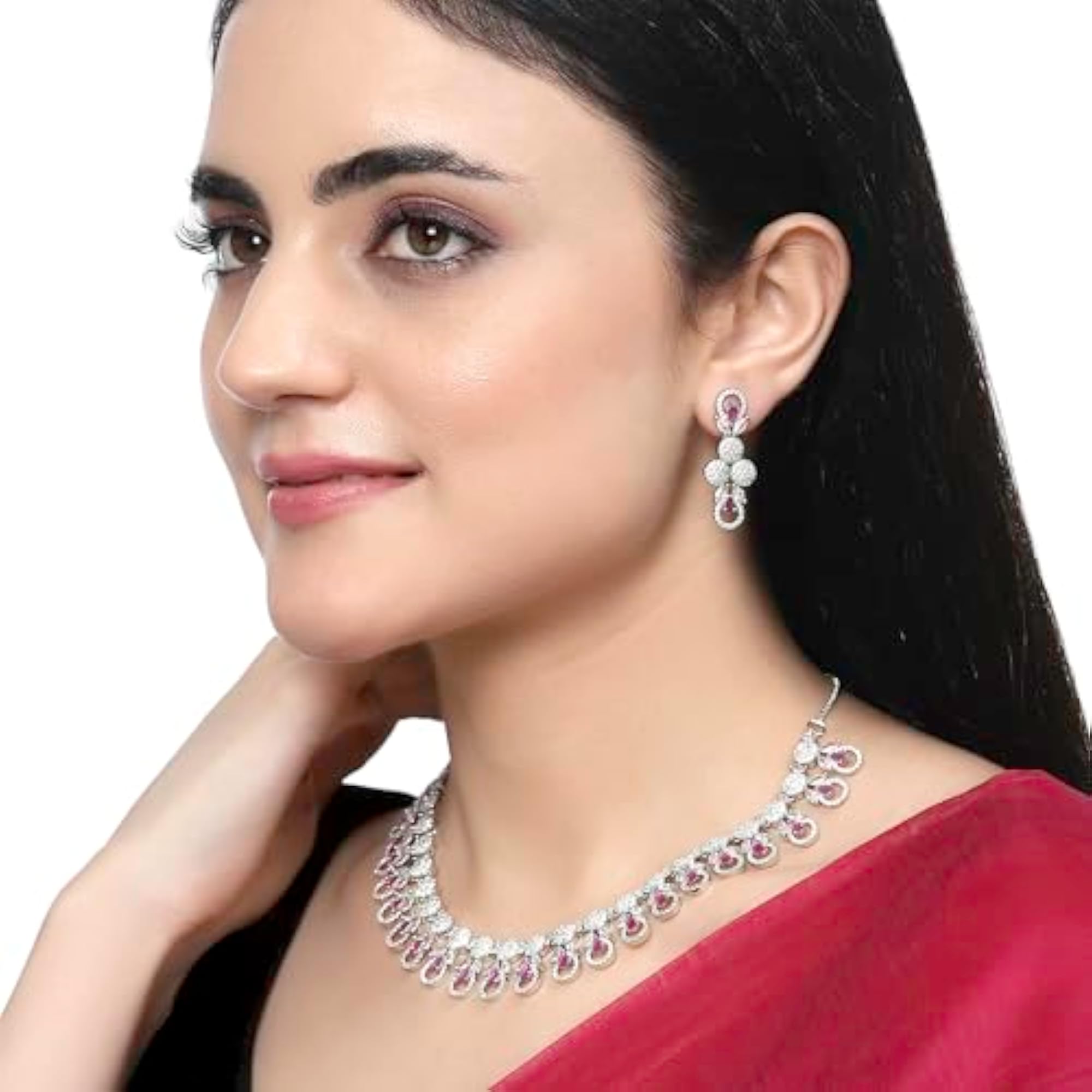 Rhodium-Plated American Diamonds Studded Necklace Set