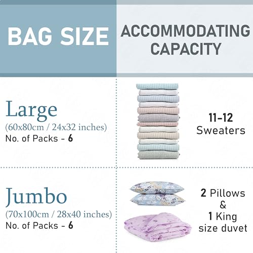 Image of ABOUT SPACE Polyamide Polyethylene Vacuum Compression Bags (12 Pack) with Hand Pump | 6Jumbo /6L Zip Seal Compression Storage Bags | Heavy-Duty Airtight Reusable Space Saver Luggage Organizer (Blue)