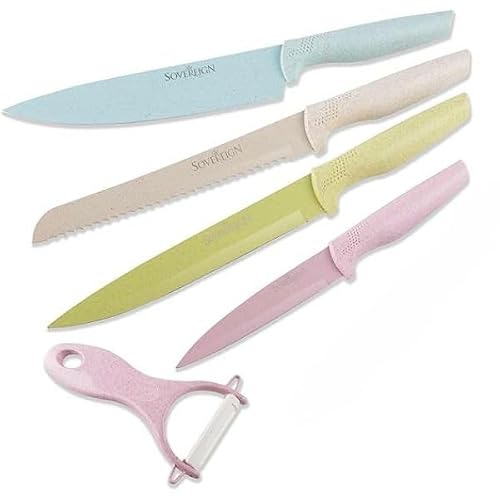 Sovereign Stone Kitchen Knife Set - Marble Effect Knife Set - Coloured Knives for Cooking, Carving, Bread, Chef’s, Utility, Knives Set, Knives Sets, Sharp Knife Set (Multi-Coloured Pastel, Set of 6)