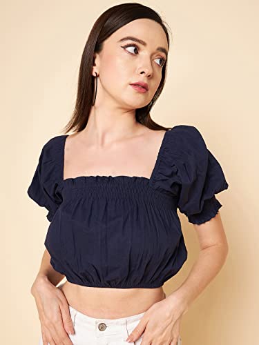 Image of HIGH Star Women's Square Neck Puff Sleeve Pure Cotton Slim Fit Blouson Top