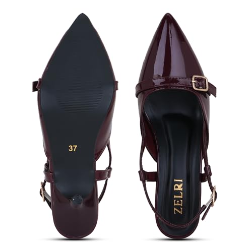 Image of Women's Pointed Toe Kitten Heels, Elegant Glossy Patent Leather Slingback Pumps with Adjustable Buckle Strap, 2-Inch Pencil Heel Sandals