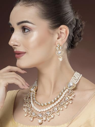 Image of Karatcart Gold Plated Green Crystal and Pearl Studded Kundan Rani-Haar Necklace Set for Women