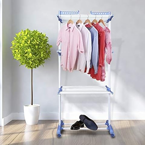 Cloth Airer 3 Tier Foldable Laundry Indoor Outdoor Clothes Horse Clothes Dryer Rail Drying Hanger Rack on Wheels (Blue) Cover