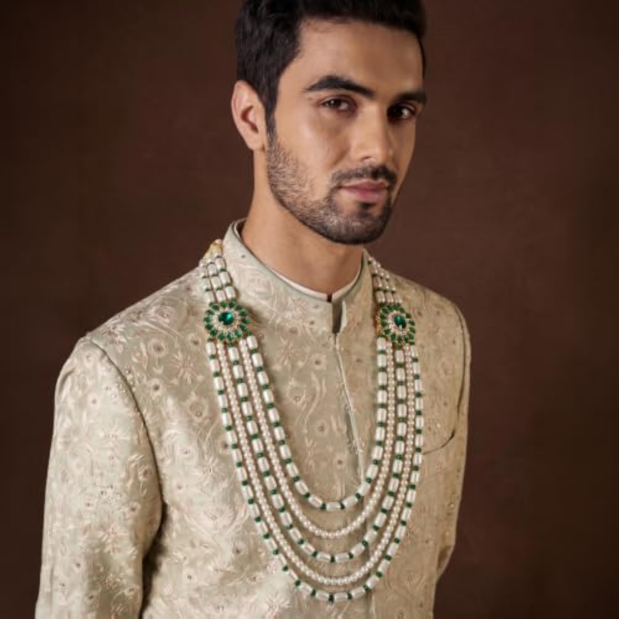 Green White Multi Layer Shervani Haar Necklace, Ethnic Men's Jewellery