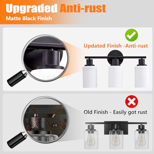 Image of DLLT 3-Light Bathroom Light Fixtures: Black Modern Vanity Lights with E26 Bulbs - Milky White Glass Shade Bathroom Wall Lamp for Mirror Kitchen Living Room Hallway Cabinet Porch