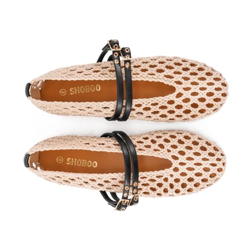 Image of Women's Woven Mary Jane Flats - Mesh Ballet Flats with Adjustable Double Metal Buckle Strap and Round Toe