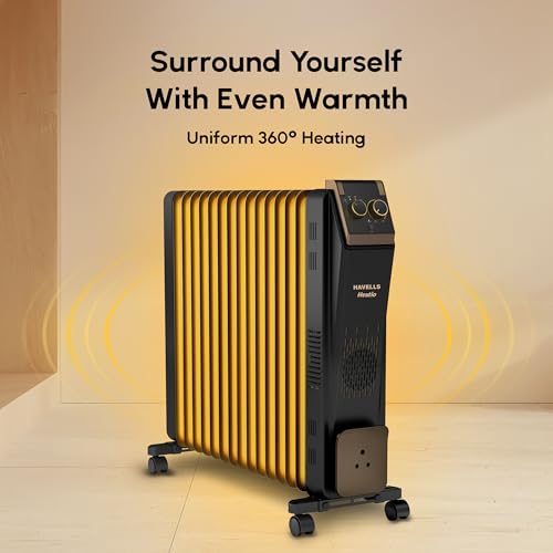 Image of Havells 15 Fin Oil Filled Room Heater (OFR) | Advanced New U-Tech Fast Heating Fins with 10-Year Warranty | 2900W | ISI Approved | PTC Fan Heater | Inclined Control Panel | Black