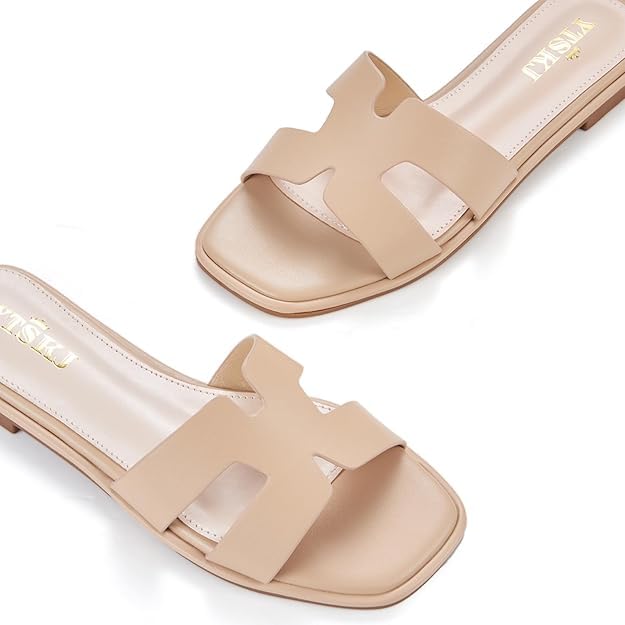 Sandals for Women 2025 Dressy Cute Summer Flat Slides Comfortable Soft Leather for Ladies Casual Square Open Toe Slip On Beach Sandals Nude 93