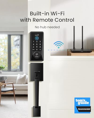 Image of DESLOC WiFi Fingerprint Keypad Door Lock D110 Plus with Handle Set, App | Front Door Lock Set with Fingerprint Unlock, Remote Access, Voice Control, Visual Display, Backlit, IP54, Auto-Lock, Black