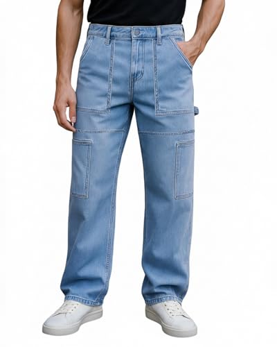 Image of Bewakoof Men Mid Rise 100% Cotton Solid Straight Fit Jeans|Straight Fit Jeans - Regular Fit | Classic Denim Pants | Everyday Casual