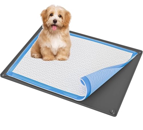 Image of TidyFriend Puppy Pad Holder Tray Fits for 28 inch x 30 inch Pee Pads with Corner Lock Holes, Raised Edges, Non-Spill, Easy to Clean Silicone Puppy Potty Tray Holder, for Indoor Floor Protection (Grey)