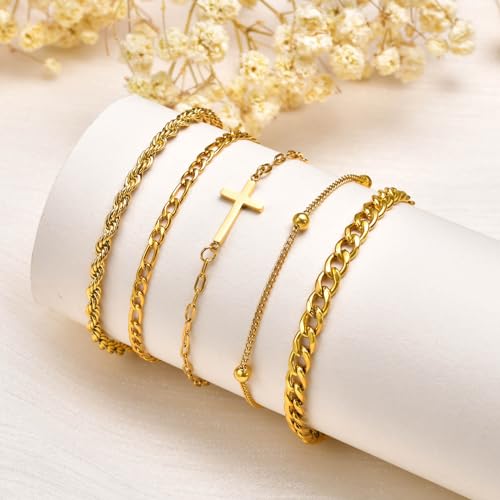 Cross Bracelets Gold Jewelry Gifts , 14k Gold Plated Layered Bracelet Snake Cuban Chain,Stackable Christian Bracelet Pack Womens Trendy Jewelry,Easter Christmas Christian Gift for Her Mom Girlfriend4